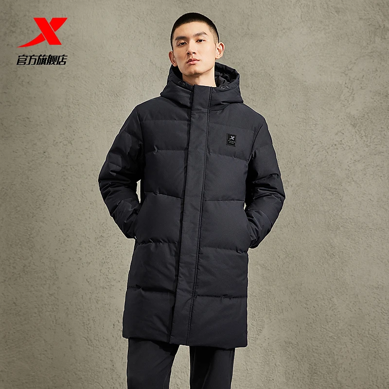 XTEP/特步男装中长款连帽羽绒服男冬季新款男子运动防风保暖外套