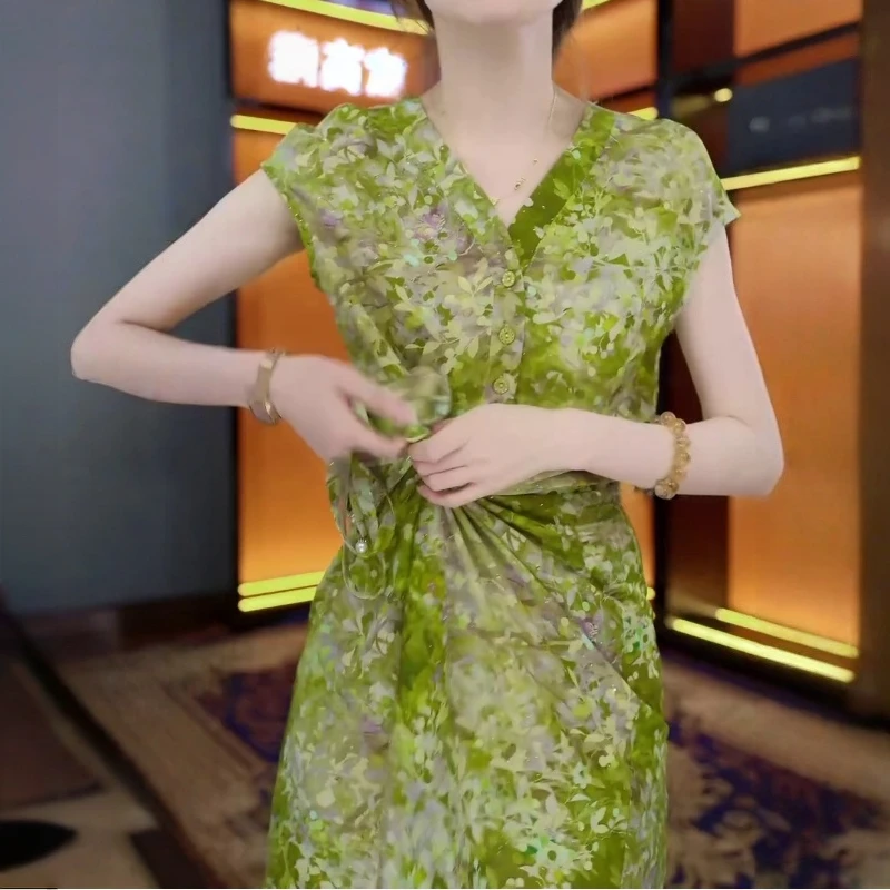 时尚御姐范新款高级感复古大摆碎花长款优雅连衣裙系带显瘦长裙夏