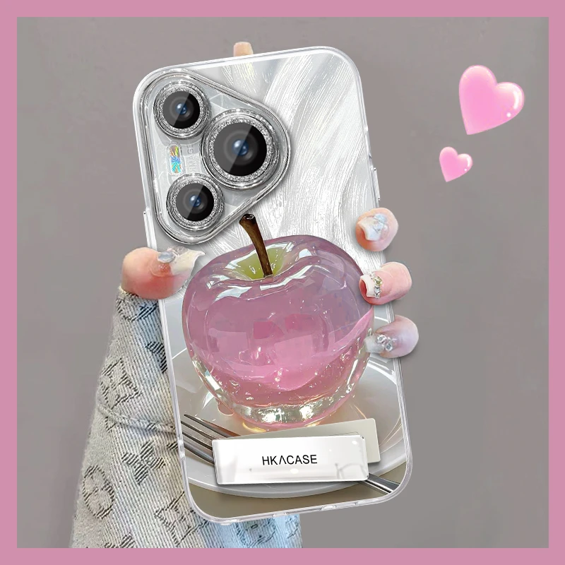 适用华为pura70pro+精孔羽纱晶莹粉苹果网红创意支架全包手机壳女