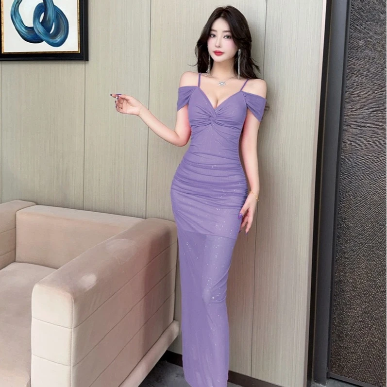 夜店纯欲性感网纱长款露肩吊带连衣裙高级感宴会气质开叉女装长裙