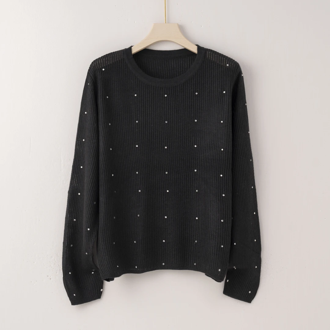 Q2804【特价-占单者限购】精致烫钻坑条针织衫，简约圆领百搭款