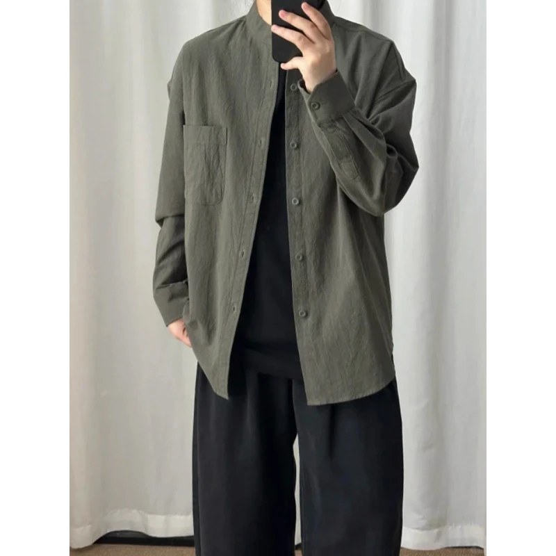 新中式棉麻立领衬衫男秋季纹理感长袖衬衣复古慵懒风cleanfit外套