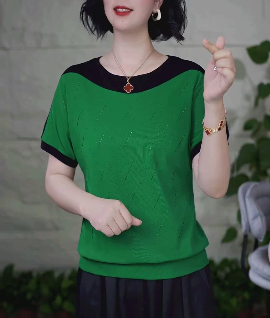 撞色2025夏季新款圆领短袖T恤烫钻设计感宽松时尚百搭显瘦上衣