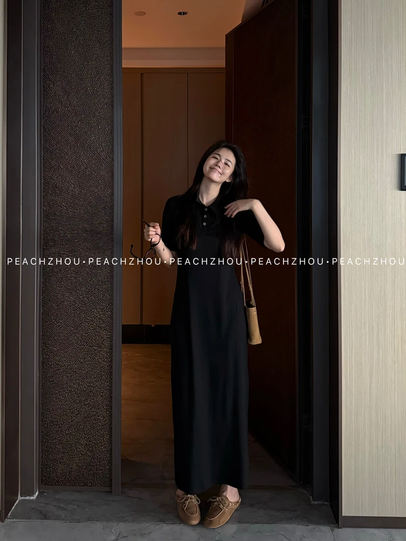 『PEACHZHOU』莱赛尔'邻家气质姐'弹力宽松翻领长款POLO衫T恤连衣裙