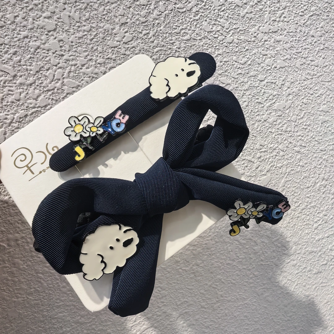 B293蓝色蝴蝶结花花狗狗发绳边夹一组