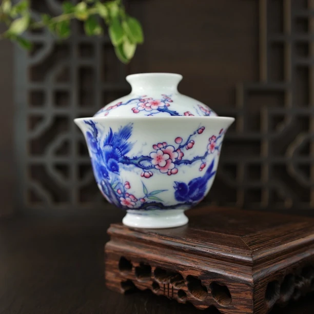 景德镇青花斗彩喜上眉梢两才盖碗