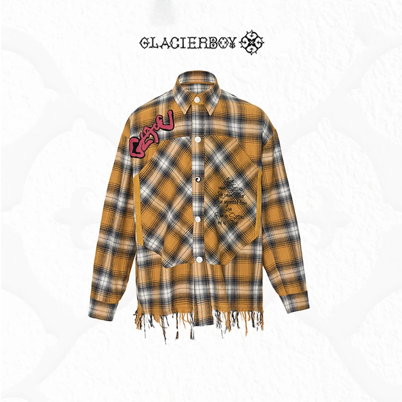 GLACIERBOY 黄色拼皮格子衬衫/日本定织