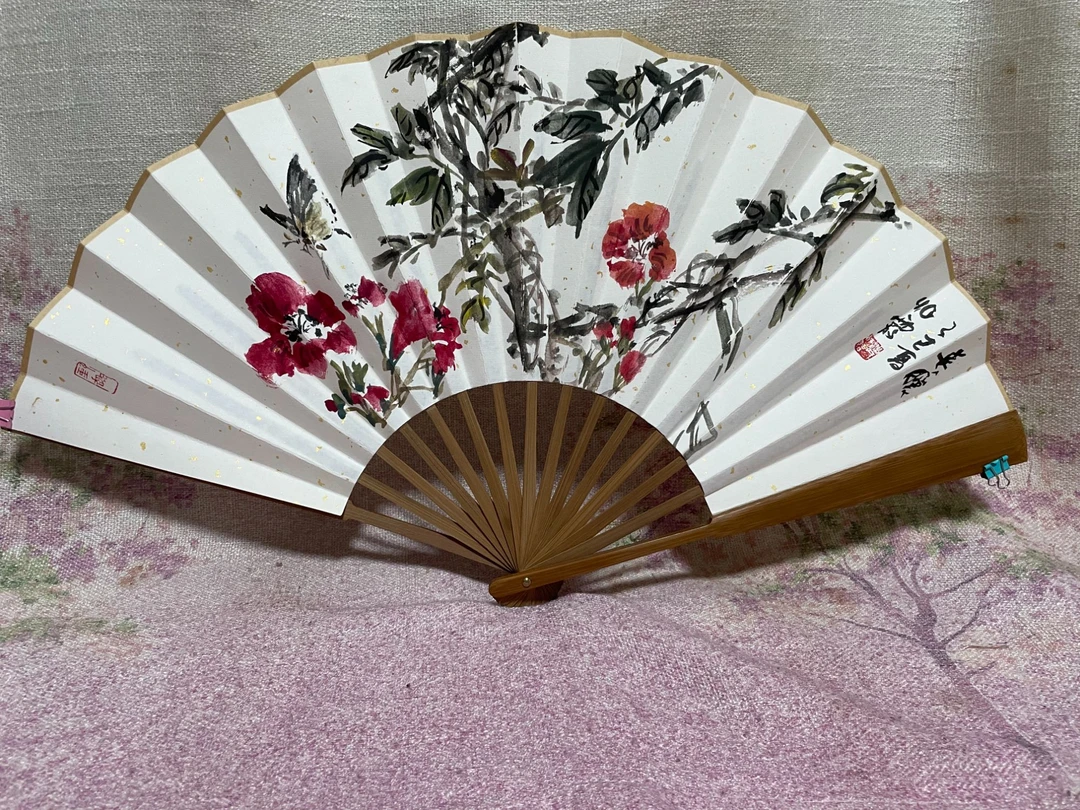 潘兆霞老师国画写意花鸟带扇骨折扇中国风礼品螺钿扇子古风折叠