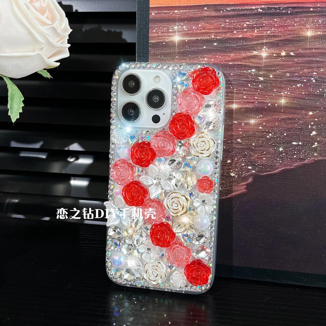 适用苹果16/华为/oppo/vivo玫瑰花园手机壳奢华满钻高级感网红