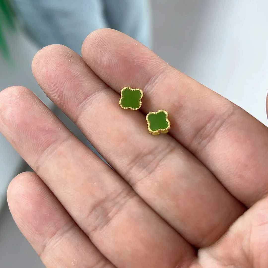 和田玉银S925镶嵌颈饰和田玉四叶草耳钉虎