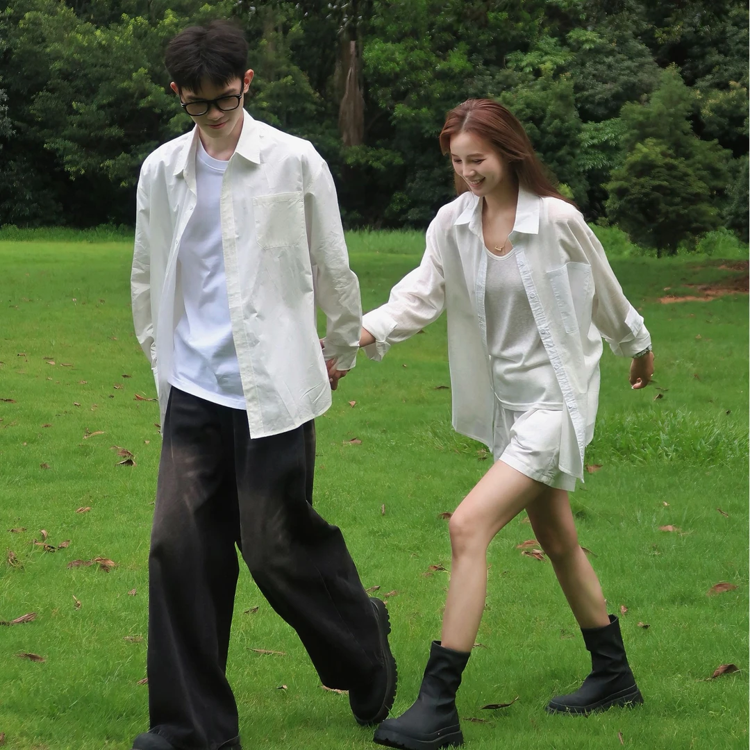 情侣装夏季白色外搭衬衫外穿2025新款爆款洋气夏天款一男一女薄款