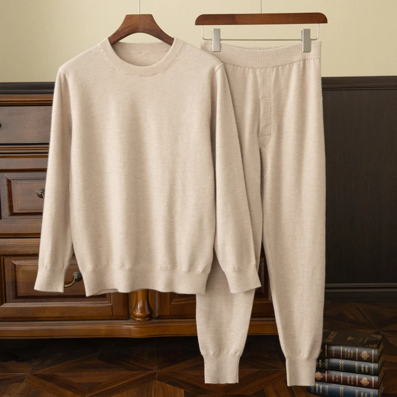 不议价】男士精纺纯羊绒圆领纯色时尚针织长袖套头衫内束脚裤套装