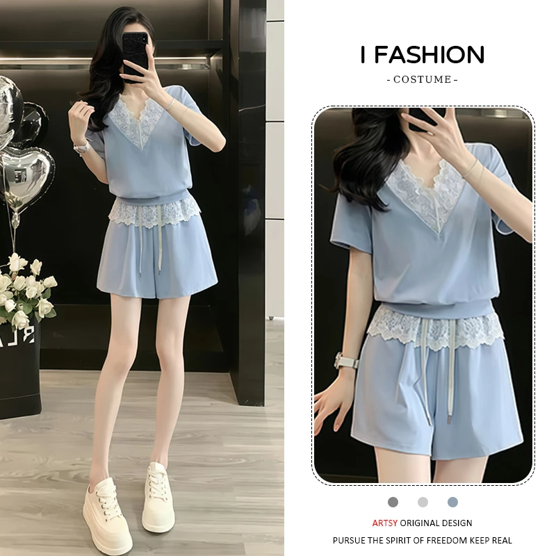 高含棉休闲减龄套装女2025年夏季新款蕾丝拼接短袖上衣短裤两件套