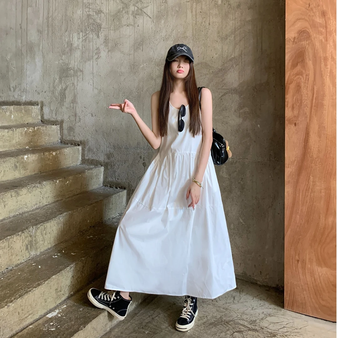 文艺巴洛克夏季白色连衣裙休闲百搭U领A字小众连衣裙  8009