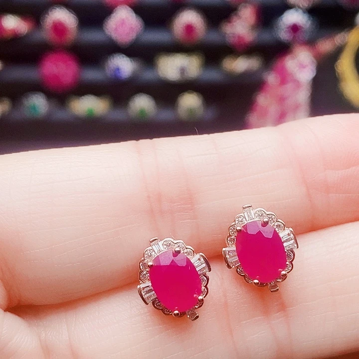 红宝石耳饰银S925镶嵌