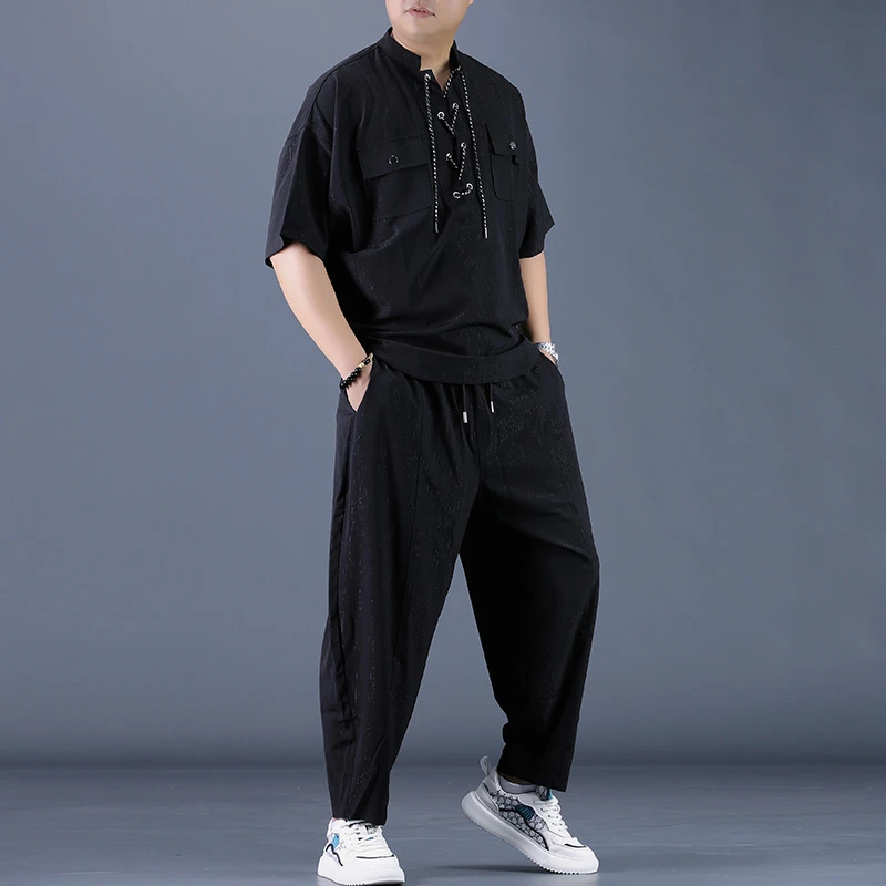 夏季暗黑系宽松五分短袖衬衫裤子休闲时尚套装男潮牌个性两件套潮