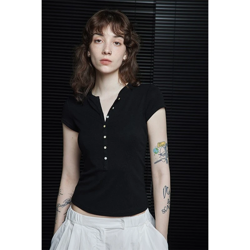 moment黑色短袖t恤女2024夏季新款爆款正肩高端设计感修身气质