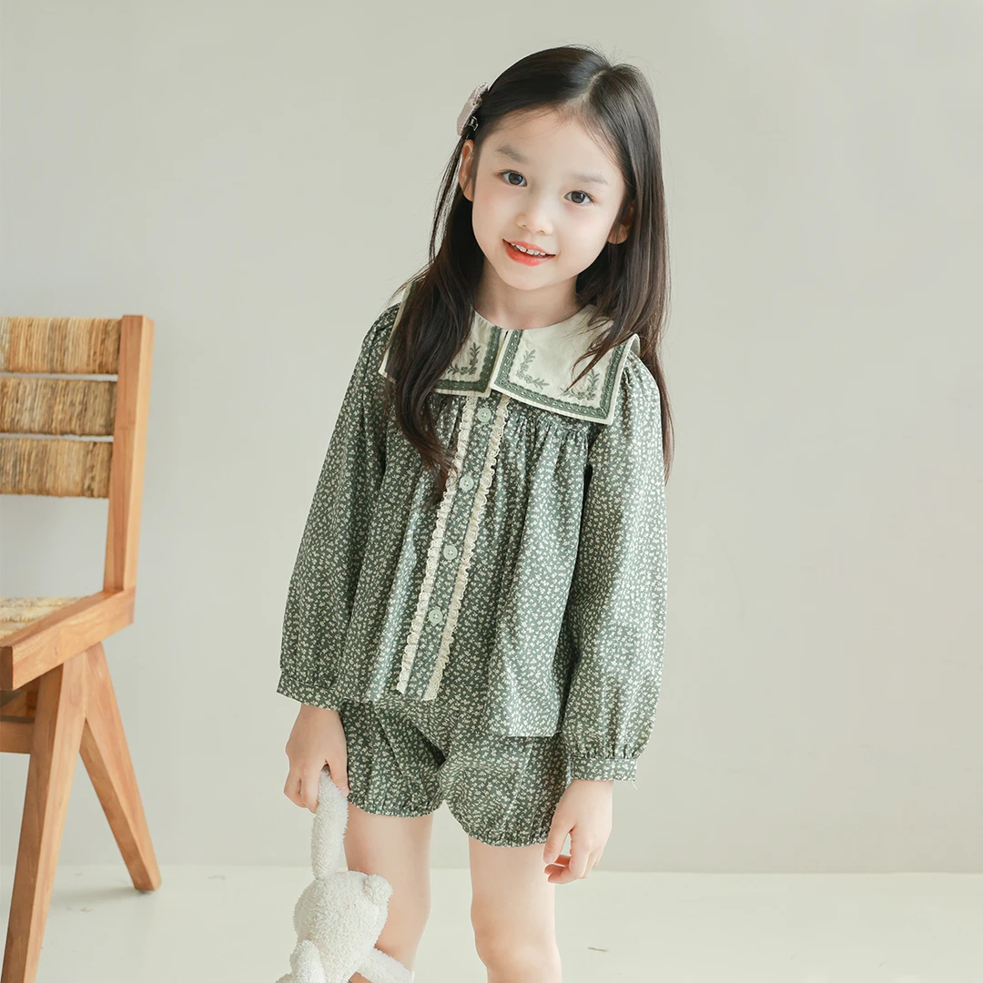 utouto大耳象女童刺绣翻领碎花小衫+碎花短裤2024秋季新2401337