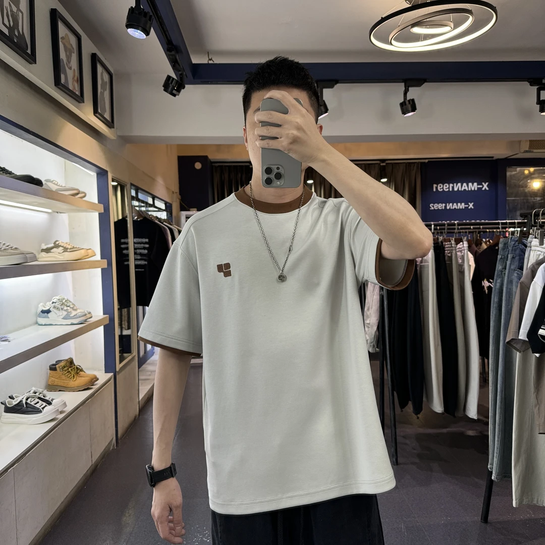 谢生严选【莫代尔双色果冻T】夏季凉感透气高级撞色刺绣男士短袖T恤