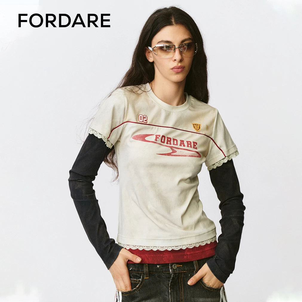 FORDARE福蝶 25早秋新品 假两件脏脏印花运动T恤休闲短袖3741