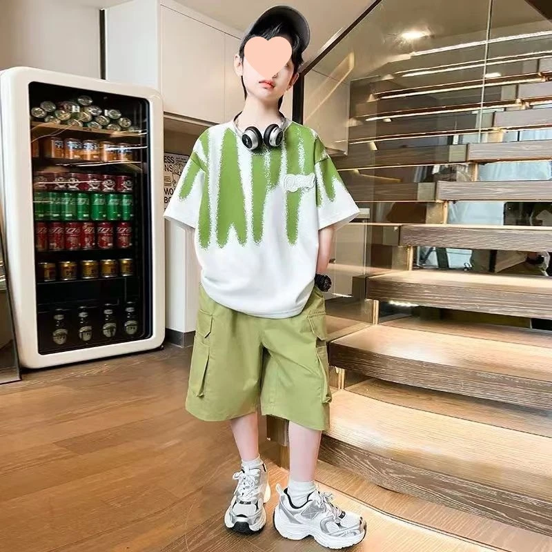 网红男童韩版时髦休闲套装中大童夏季新款洋气字母短袖短裤两件套