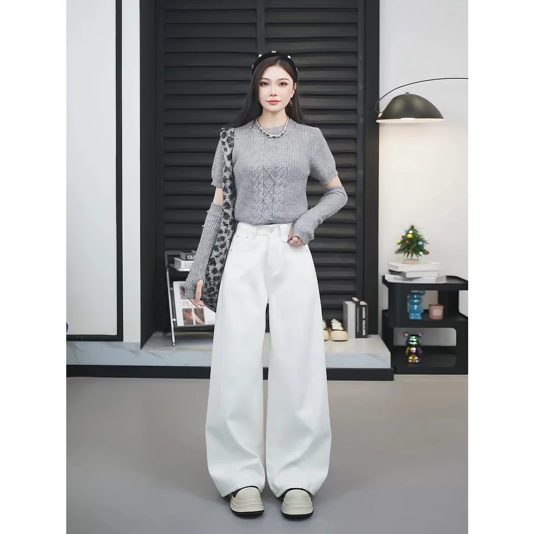 【TO&HR】HE1809Q白色新款中高腰休闲阔腿牛仔显瘦拖地裤早春