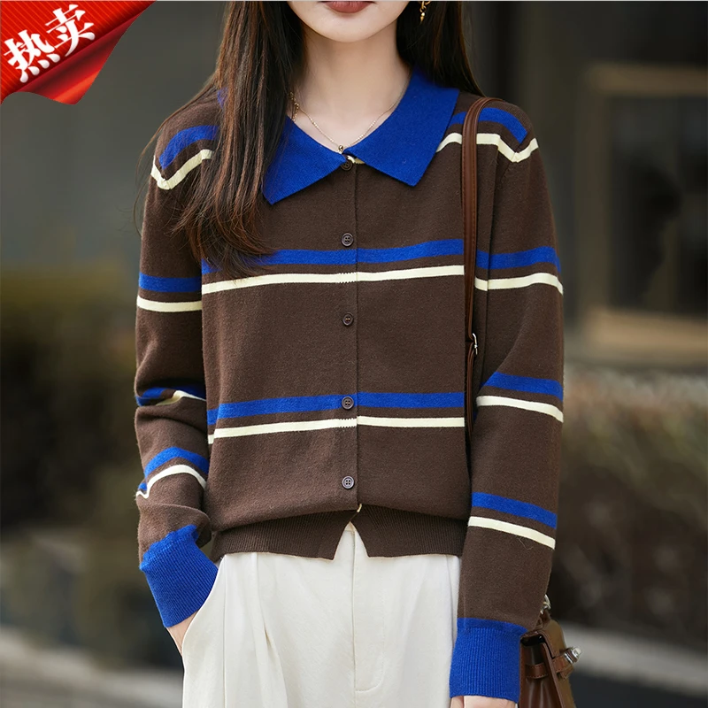 2025新款品牌撤柜慵懒风撞色条纹翻领针织开衫休闲毛衣外搭外套冬