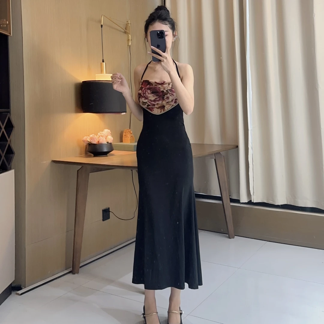 2025春夏新款气质女人味轻奢网纱花色印花显瘦修身包身吊带连衣裙