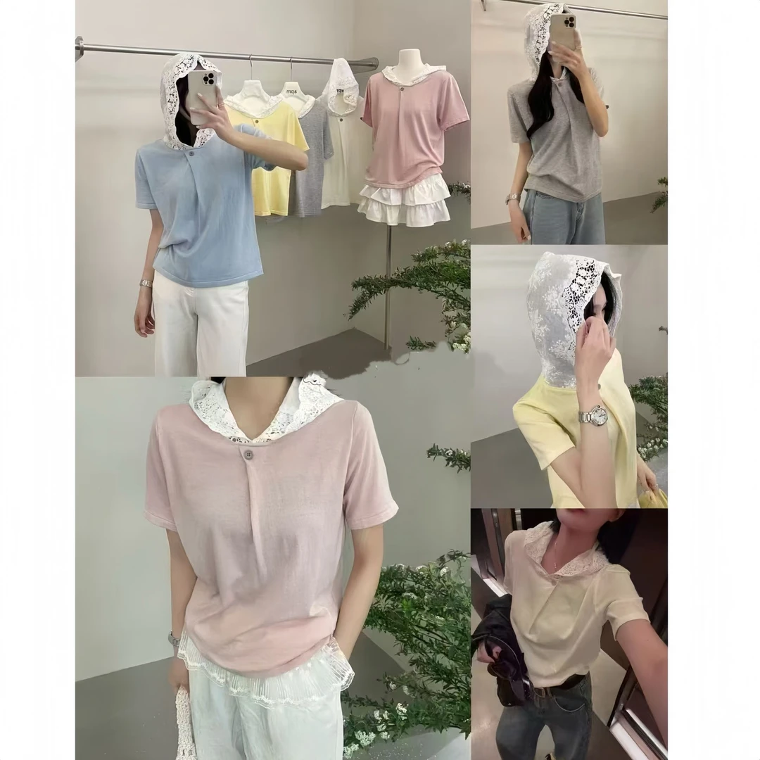 12320 （复合）（部分无水洗唛，介意慎拍）WANGDAN一粒扣蕾丝帽子短袖