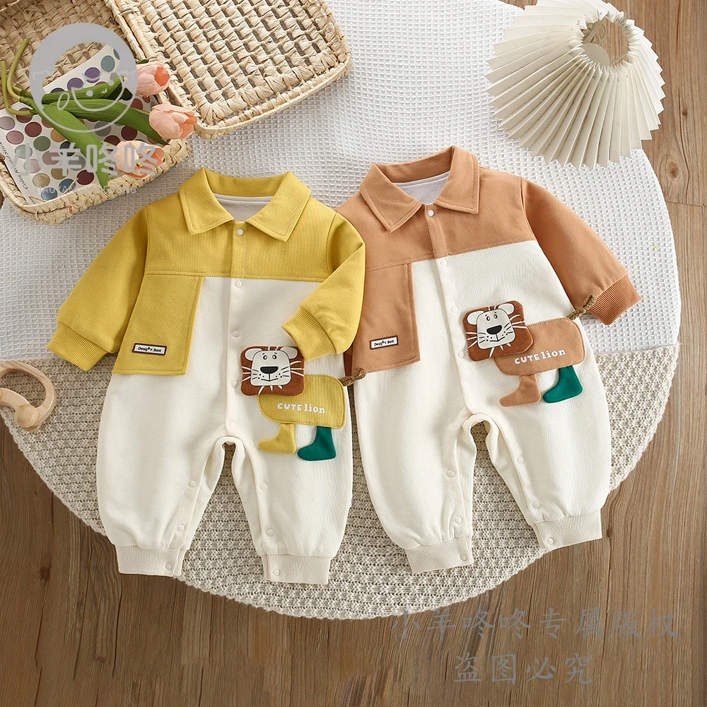 新款春秋款双层二维方形拼色狮子翻领男女宝婴幼长袖连体衣爬爬服