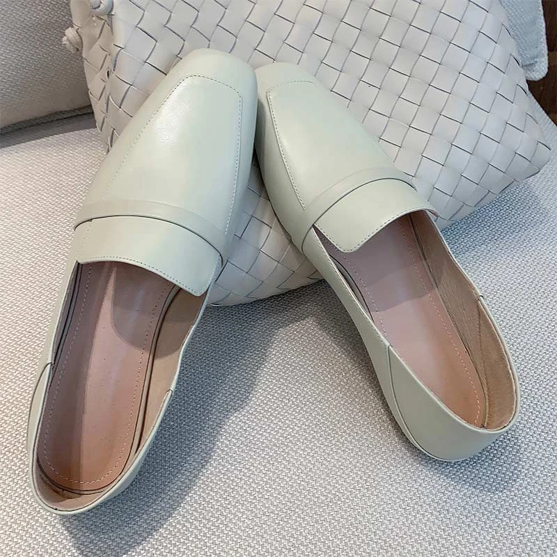 MYL 2023新款超软真皮乐福鞋粗跟纯色小皮鞋浅口套脚单鞋女