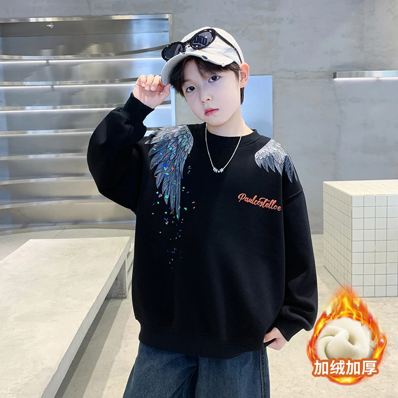 男童加绒卫衣2025新款中大童加厚一体绒保暖上衣男孩冬装打底衫潮