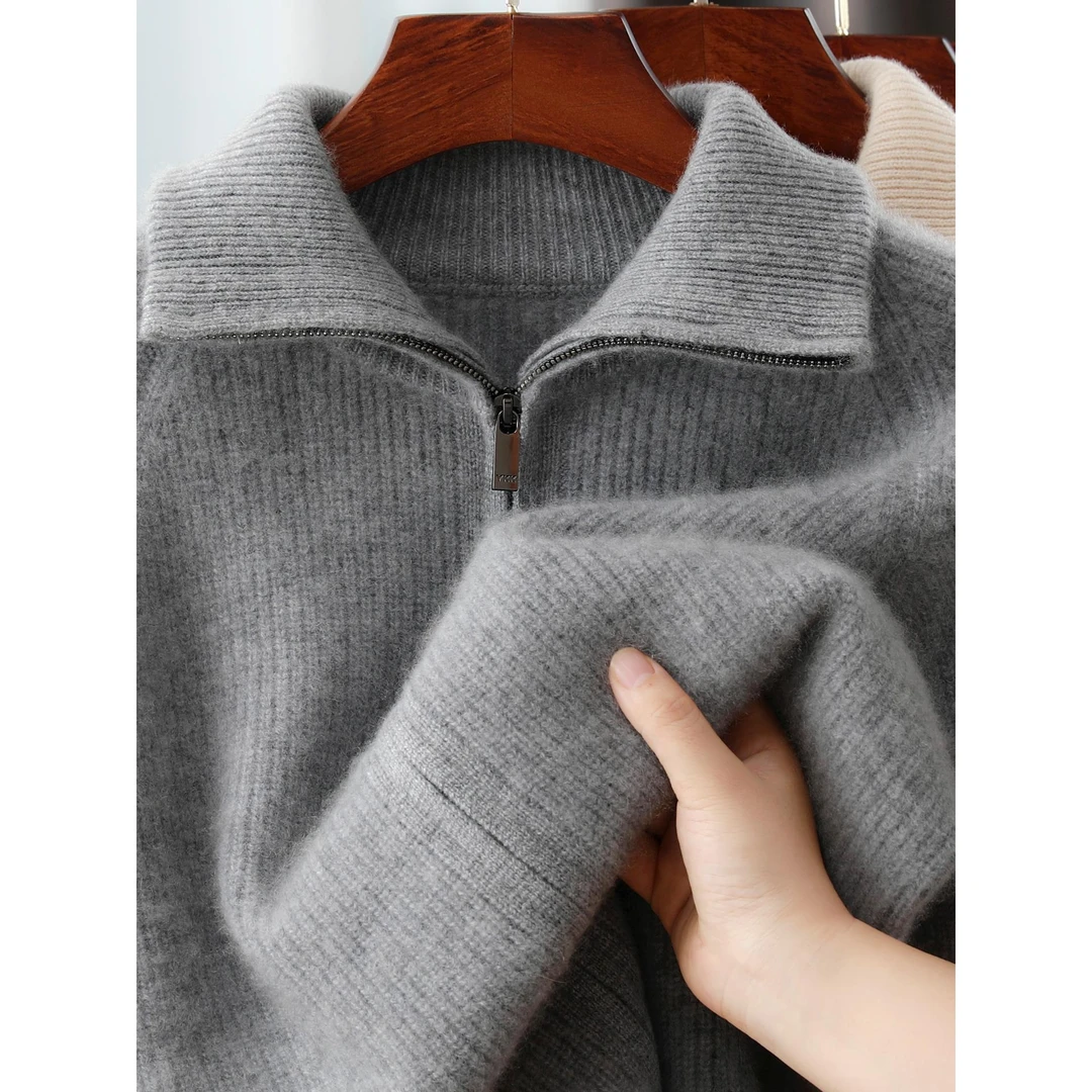 【专柜轻奢】纯羊毛开衫2025秋冬款男士宽松加厚翻领毛衣外套针织拉