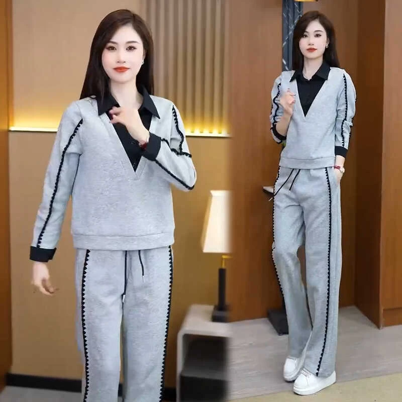 【有间】 休闲运动服套装女秋季气质显瘦拼接翻领卫衣阔腿裤两件套