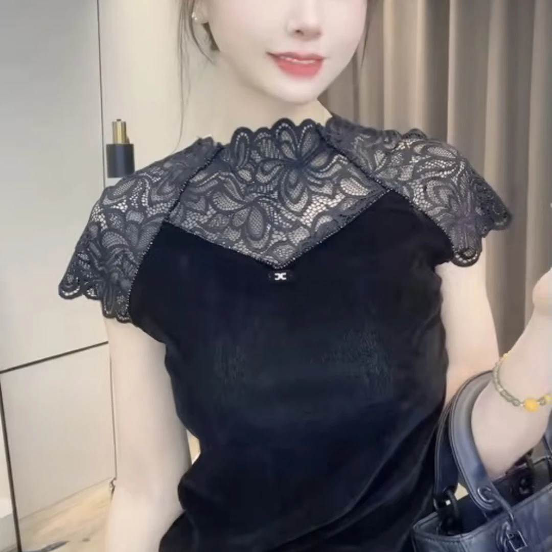 时尚半高领蕾丝显瘦百搭短袖上衣四季可穿气质网红洋气性感拼接