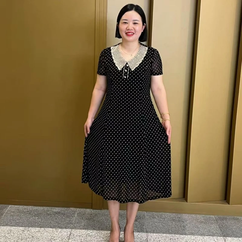 夏季新款娃娃领遮肉显瘦弹力气质波点连衣裙