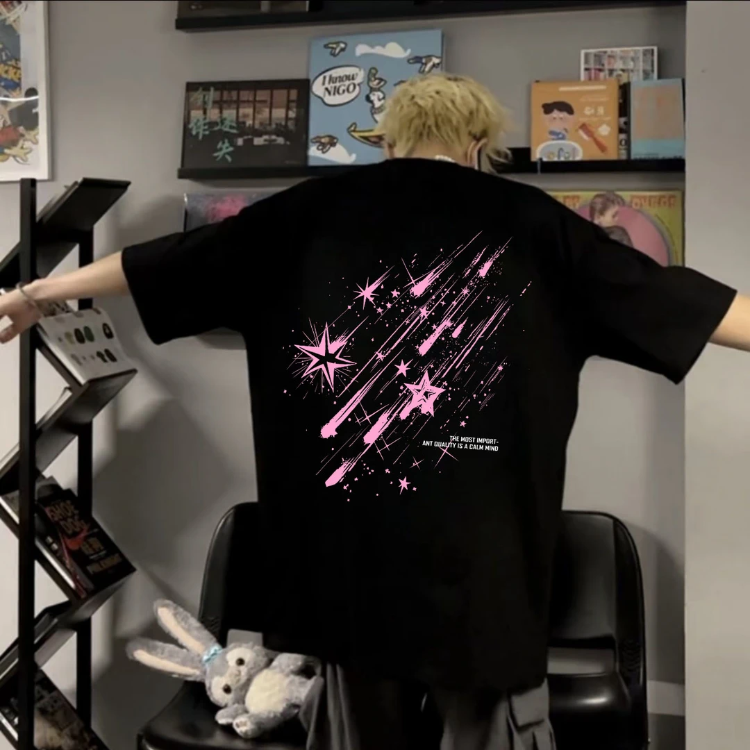 100%纯棉重磅圆领美式高街ins短袖流星雨夏季T恤男女款宽松半袖潮