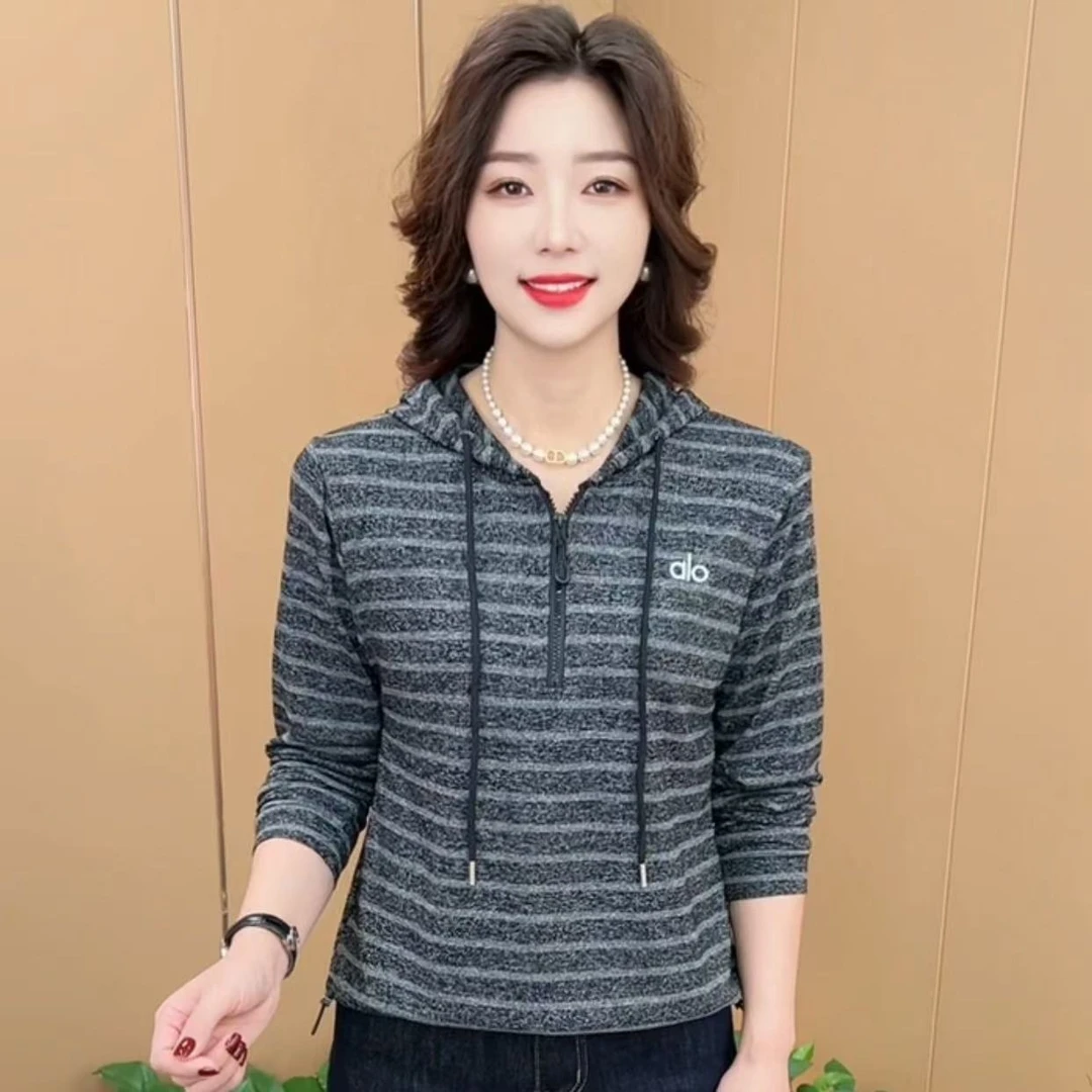 秋季新款时尚连帽抽绳半拉链休闲宽松显瘦洋气百搭长袖上衣K8817