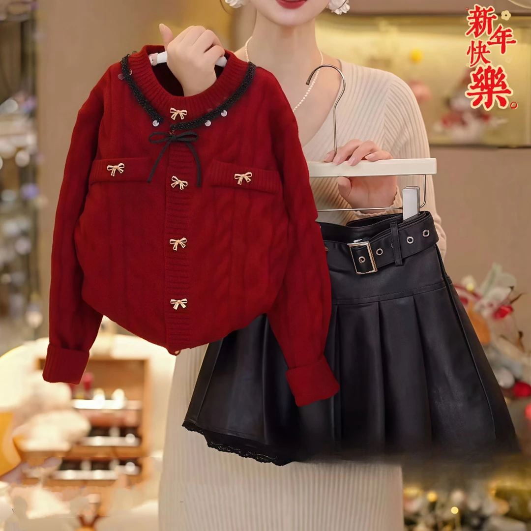 女童红色亮片毛衣开衫蕾丝皮裙套装冬装2025新款小香风针织衫年服