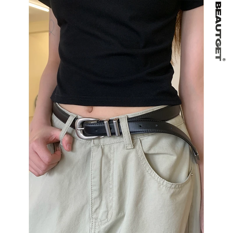 Beautget小众高级感简约针扣牛皮腰带cleanfit百搭窄款皮带
