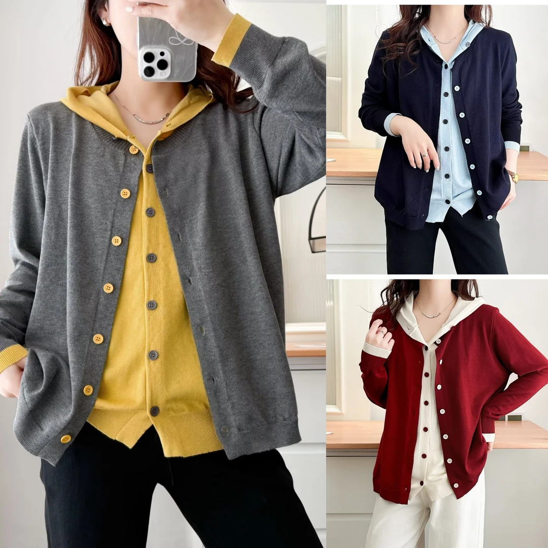 大码女装春季新款假两件针织连帽时尚休闲宽松显瘦百搭上衣长袖