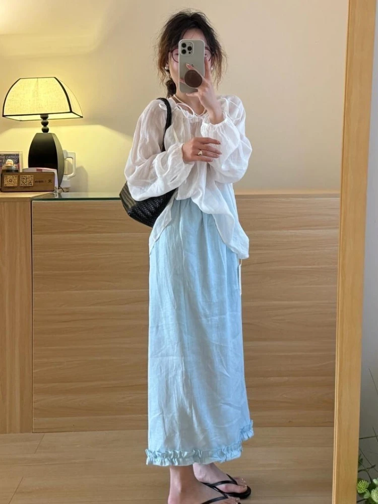 清纯系夏日多巴胺穿搭小个子俏皮活泼白色防晒衬衫花边半身裙套装
