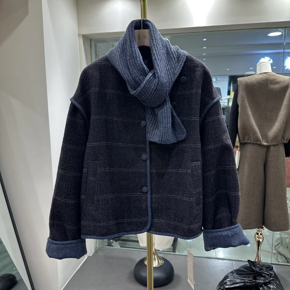 女秋冬季格纹短款宽松型短外套时尚毛呢百搭休闲上衣