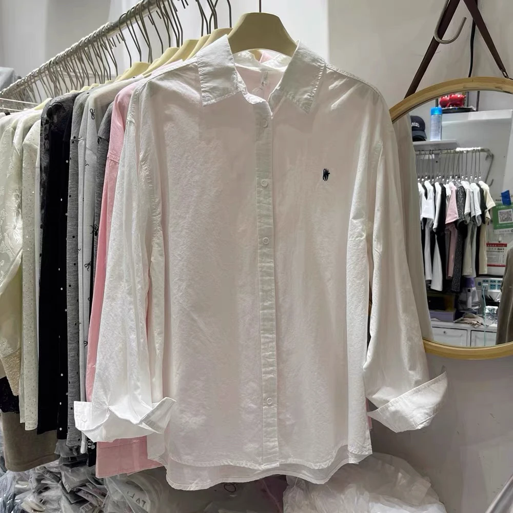 纯棉衬衫女2025春夏季新设计感小众翻领宽松长袖衬衣小刺绣上衣女