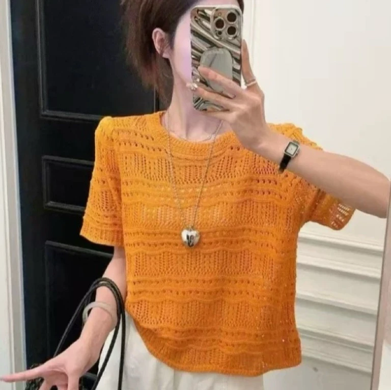 薄款短袖夏季女镂空保暖毛针织衫宽松百搭气质毛衣