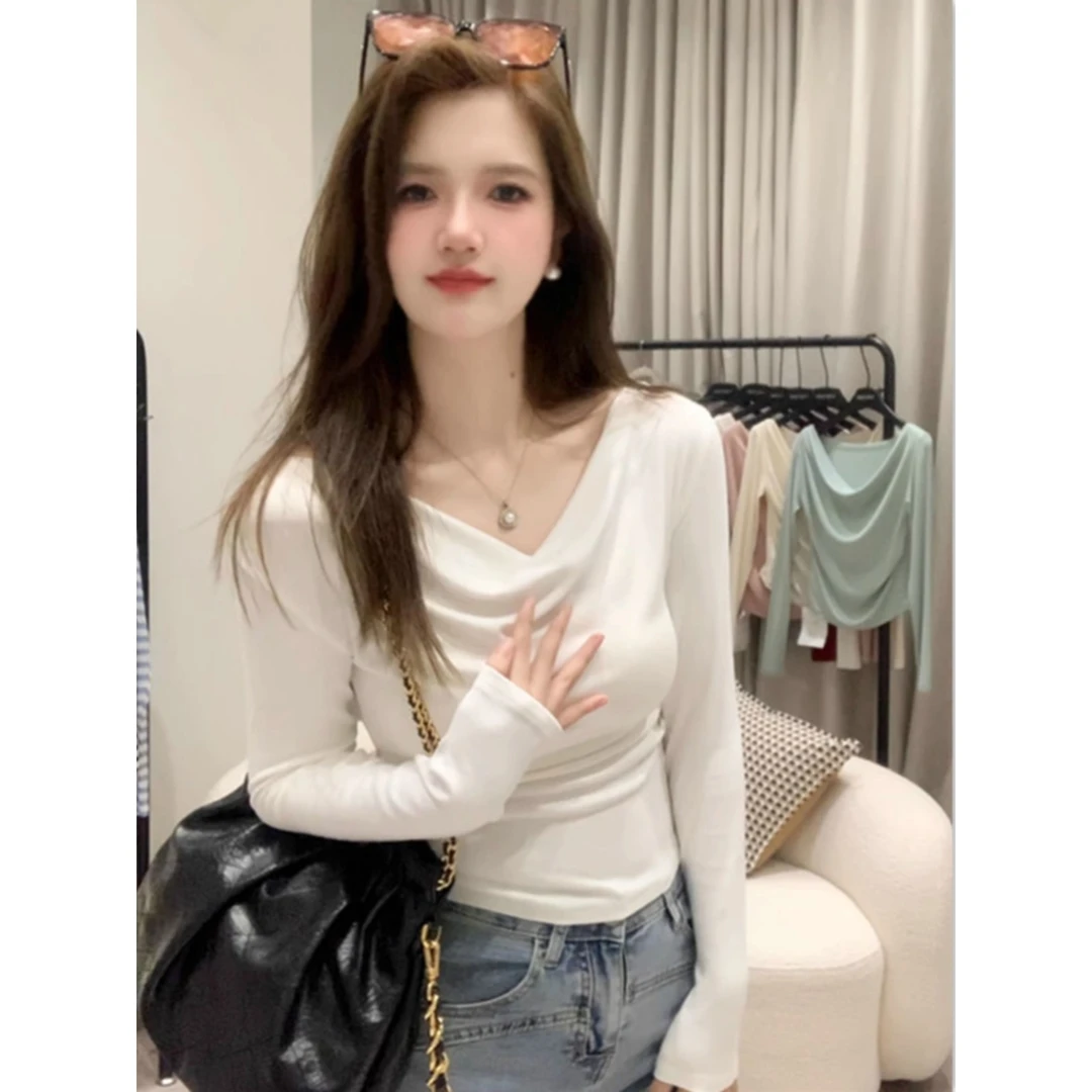 法式一字肩荡领长袖T恤女春秋高级感修身显瘦内搭打底衫螺纹上衣