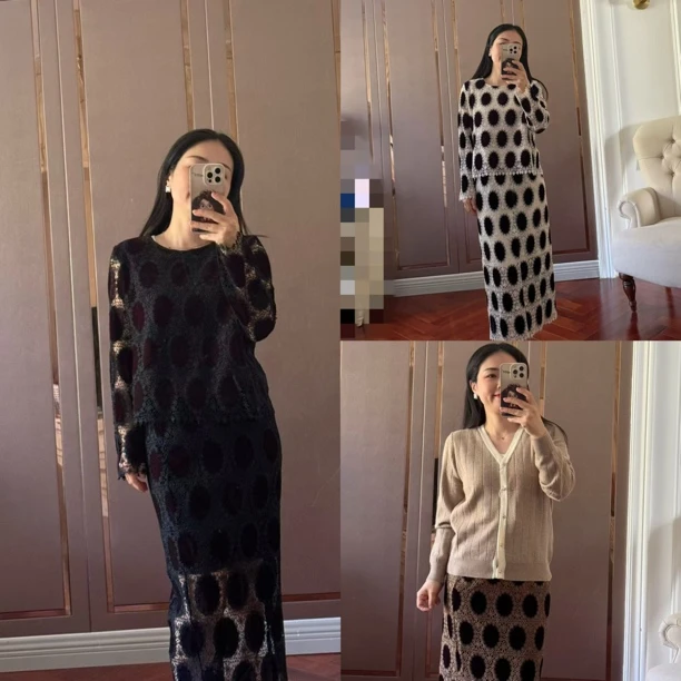 【Zoe轻奢】特 佳人在侧·镂空波点长袖罩衫+高腰直筒半裙套装250009