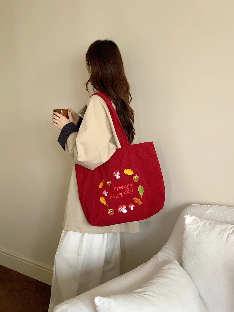 托特包抽绳刺绣抽带便携款单肩包红色斜跨红包多功能时尚休闲小众