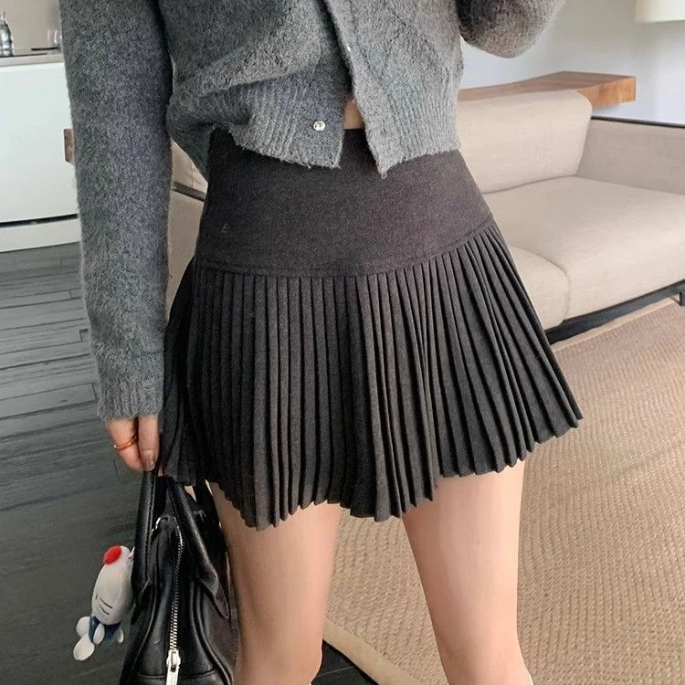 韩系半身裙女春秋新款辣妹高腰显瘦时尚百搭防走光A字百褶裙短裙