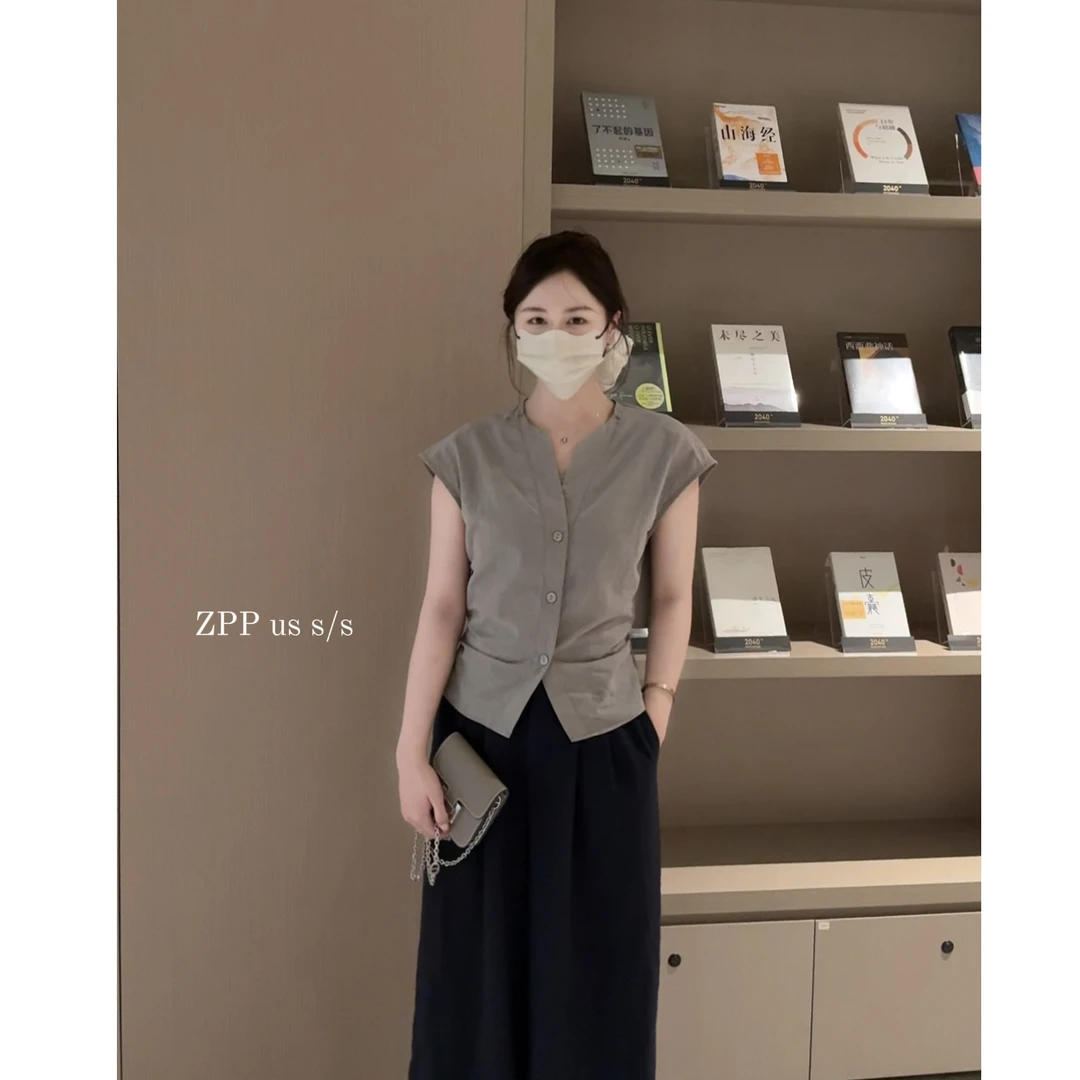 ZPP韩系v领褶皱后腰绑带设计修身气质收腰无袖小衫夏季